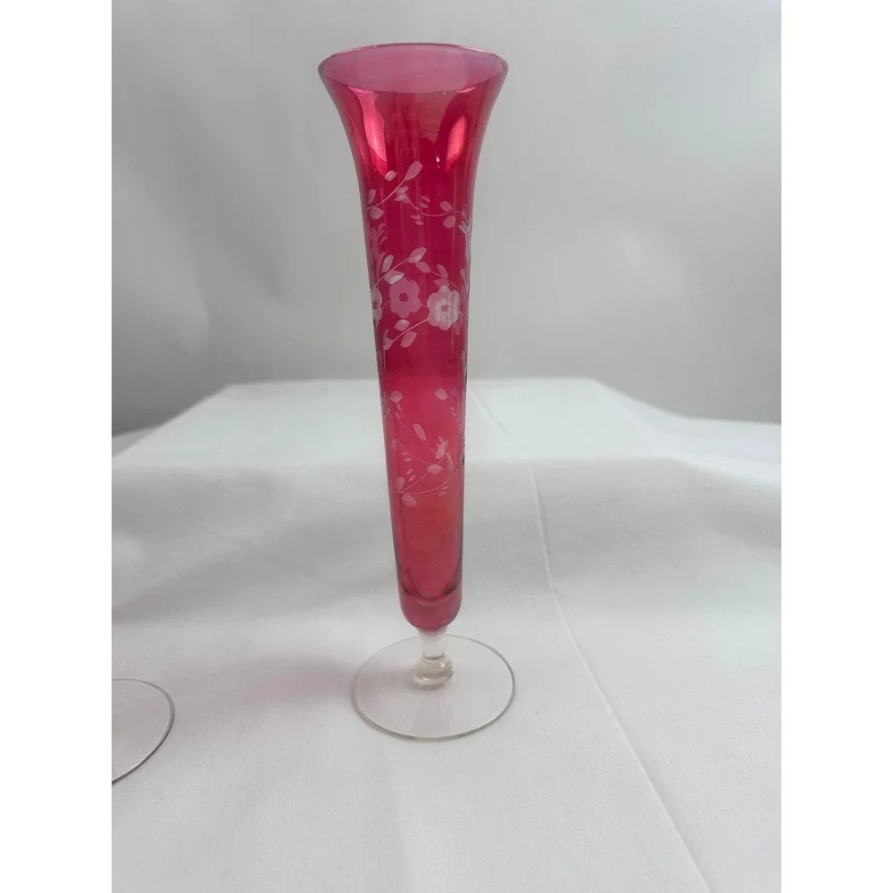 2 Vintage Ruby Red Glass Bud Handblown Vases Etched Floral‎ Design